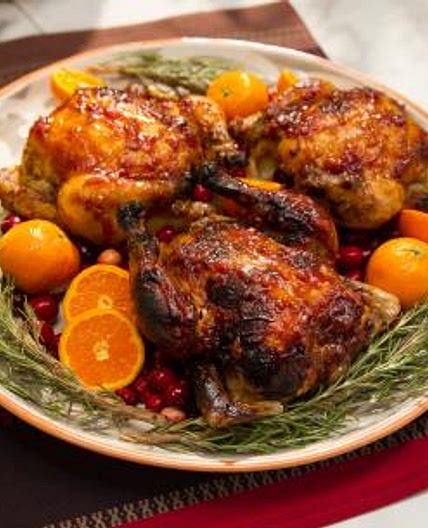 Clementine and Cranberry Glazed Cornish Game Hens