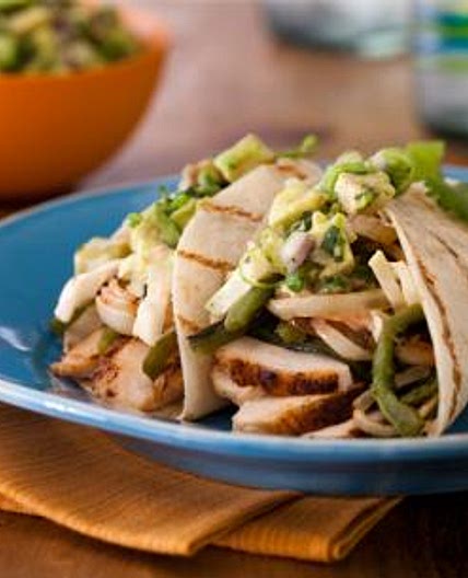 Spice-Rubbed Chicken Breast Tacos with Grilled Poblanos, BBQ Onions and Coleslaw