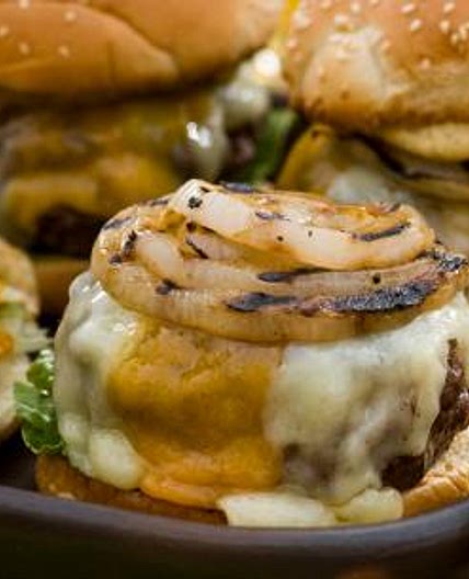 Hamburger with Double Cheddar Cheese, Grilled Vidalia Onion and Horseradish Mustard