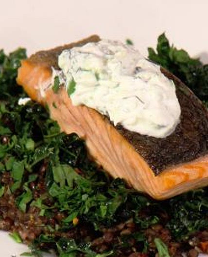 Sauteed Salmon Fillet with Tzatziki and Warm Lentils