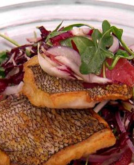 Seared Black Sea Bass with Bitter Greens, Fennel, Grapefruit and Feta Salad