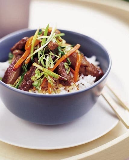 Honeyed vegetarian duck and vegetable stir-fry
