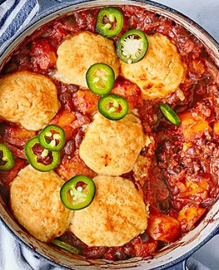 Chipotle sweet potato & black bean stew with cheddar dumplings