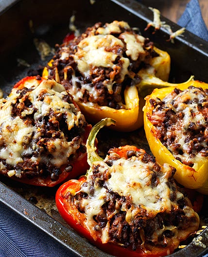 Spiced mince and lentil stuffed peppers