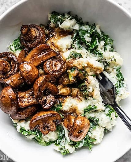 Balsamic Roasted Mushrooms with Herby Kale Mashed Potatoes