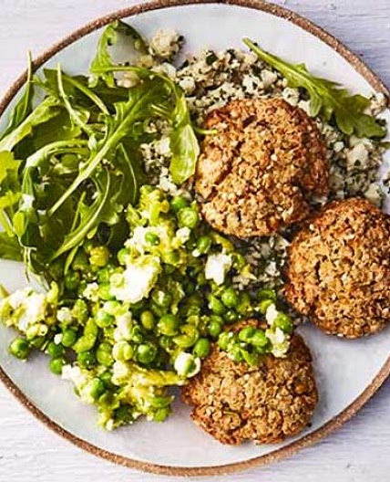 Baked falafel & cauliflower tabbouleh with avocado, pea & feta smash