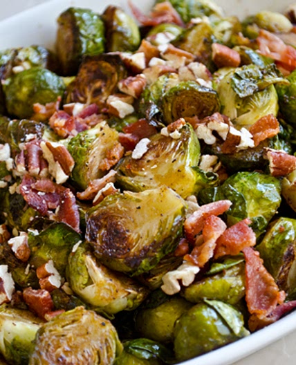 Roasted Brussels Sprouts with Bacon, Pecans & Maple Syrup