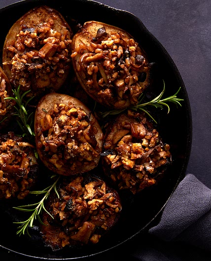 Savory Skillet-Roasted Pears with Mushrooms, Farro, and Walnuts