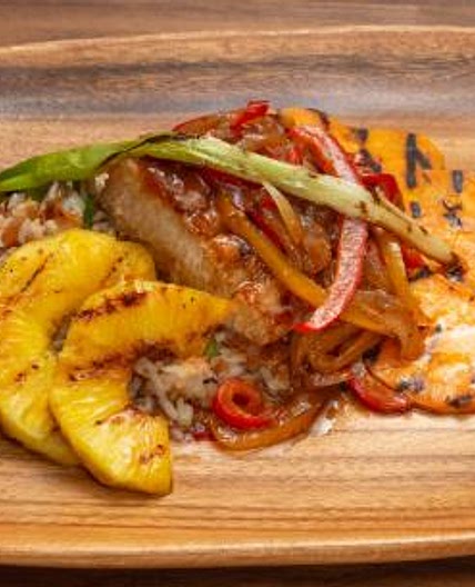 Mahi-Mahi with Pineapple Glaze, Peppers and Coconut Rice