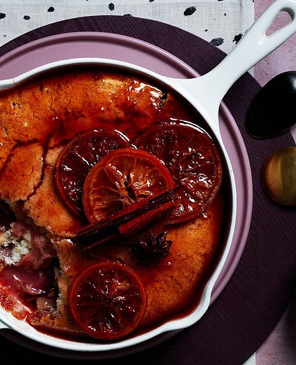 Vegan poached rhubarb and orange self-saucing pudding
