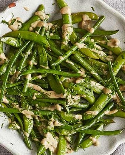 Roast sugar snaps & green beans with tonnato dressing