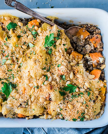 Creamy Vegan Lentil and Roasted Vegetable Bake