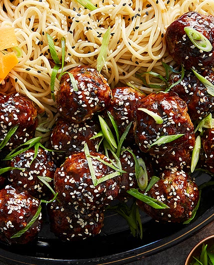 Sticky Asian Meatballs with Udon Noodles