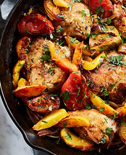 Skillet Roast Chicken with Peaches, Tomatoes and Red Onion