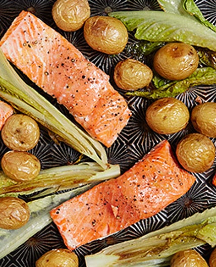 One-Pan Roasted Salmon with Potatoes and Romaine