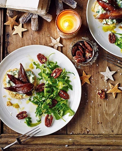 Pickled pear, caramelised pecan and stilton tartlets