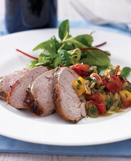 Jerk pork fillet with spicy tomato and mango relish