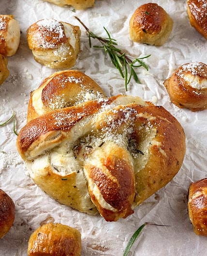 Mozzarella Stuffed Rosemary and Parmesan Soft Pretzels