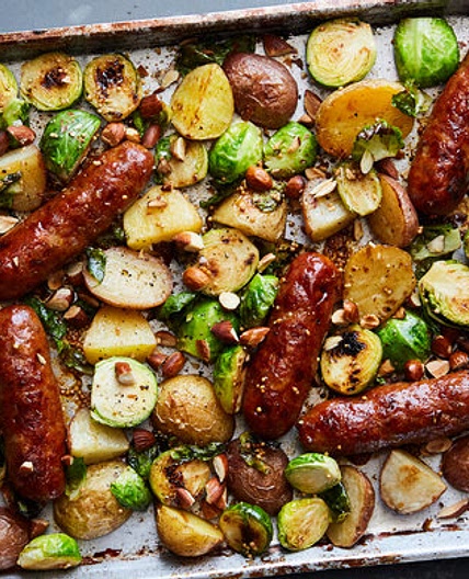 Sheet-Pan Sausages and Brussels Sprouts With Honey Mustard