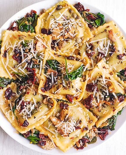 Italian Ravioli with Spinach, Artichokes, Capers, Sun-Dried Tomatoes