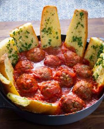 Roasted Meatballs with Garlic Bread