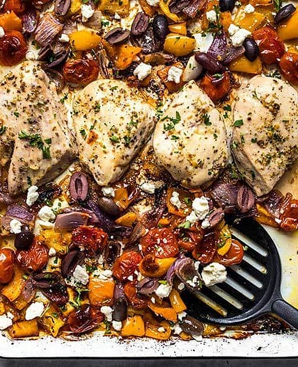 Sheet Pan Greek Chicken and Vegetables over Pasta