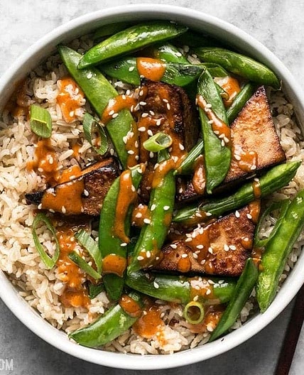 Soy Marinated Tofu Bowls with Spicy Peanut Sauce
