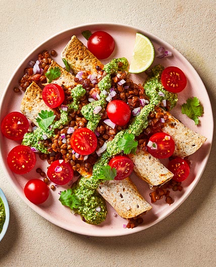 Lentil Enchiladas With Roasted Pepper & Cashew Crema