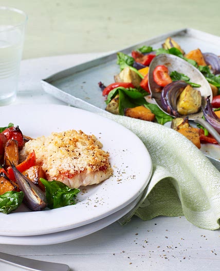 Roasted tomato cod with Mediterranean vegetables
