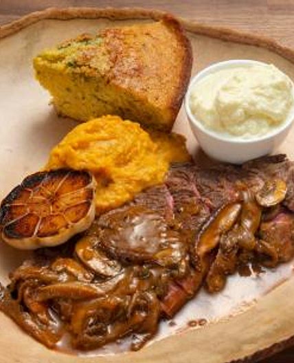 Buffalo Steaks with Sweet Potatoes, Cornbread and Gravy