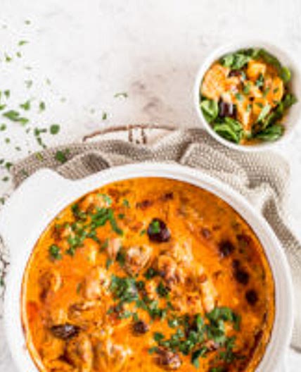 Keto pesto chicken casserole with feta cheese and olives