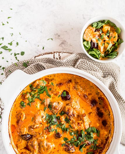 Keto pesto chicken casserole with feta cheese and olives
