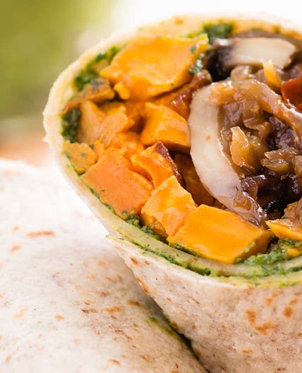 Roasted Sweet Potato Wraps with Caramelized Onions and Pesto