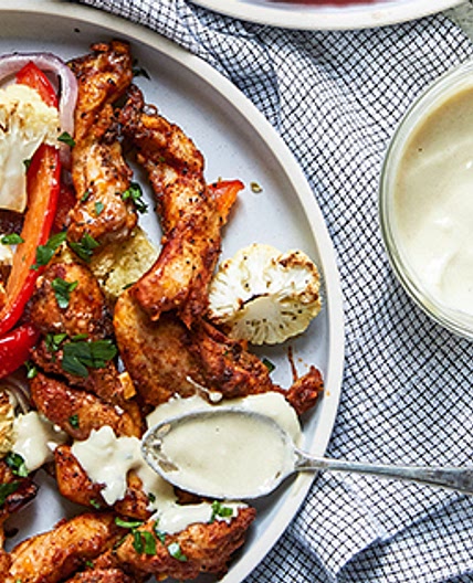 Sheet-Pan Chicken Shawarma with Lemon-Tahini Drizzle