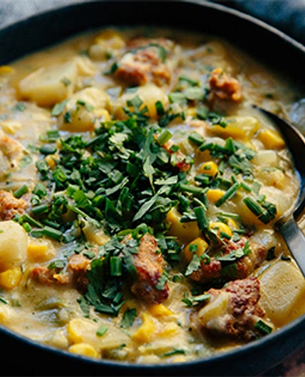 Sausage, Corn and Poblano Chowder
