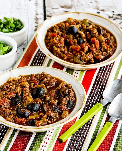 Pumpkin Chili with Beef, Peppers, and Olives