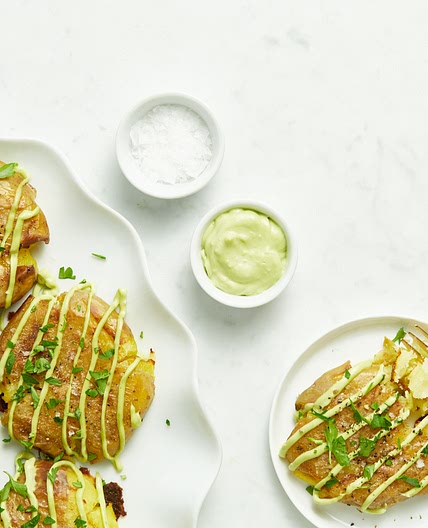 Crispy Smashed Potatoes with Avocado Garlic Aioli