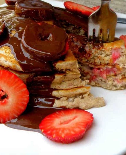 Strawberry Pancakes with Chocolate Sauce