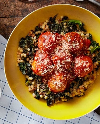 Chicken Meatballs & Fregola Sarda with Kale & Sicilian Tomato Sauce
