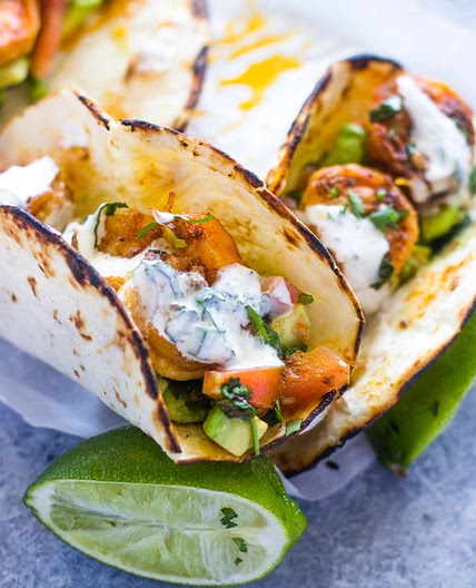 Spicy Shrimp Tacos with Avocado Salsa & Sour Cream Cilantro Sauce