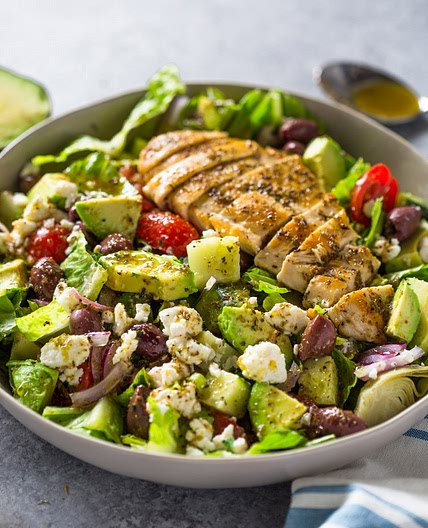 Greek Avocado & Grilled Chicken Salad with Greek Dressing
