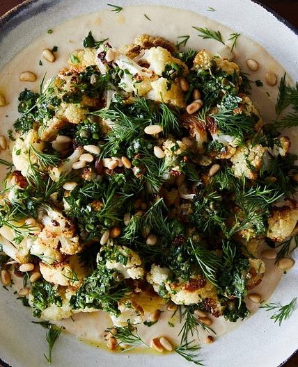 Roasted Cauliflower with Garlic Tahini, Chimchurri and Dill