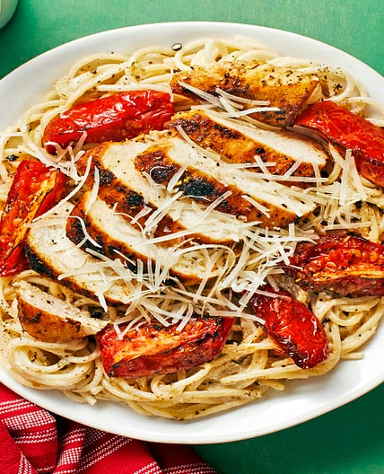 Chicken Over Garlic Parmesan Spaghetti with Tuscan Roasted Tomatoes