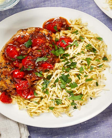 Provençal Herbed Chicken with Burst Tomatoes and Cheesy Pesto Orzo