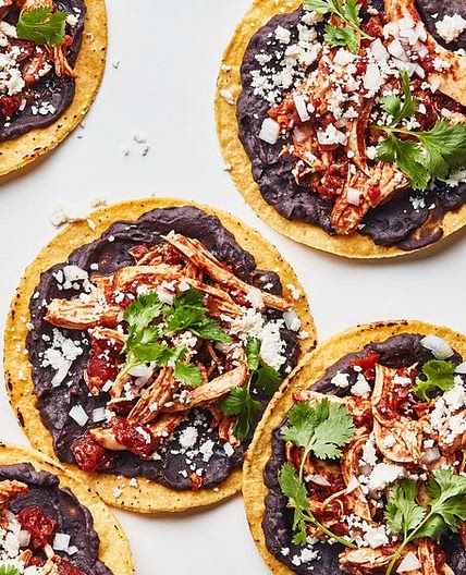 Chicken Tinga Tostadas With Bacony Black Beans