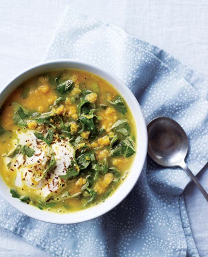 Spiced red lentil, turmeric and spring greens soup