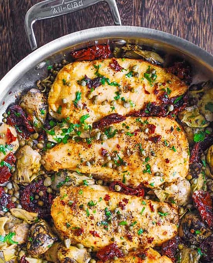 Mediterranean Chicken with Sun-Dried Tomatoes, Artichokes, and Capers