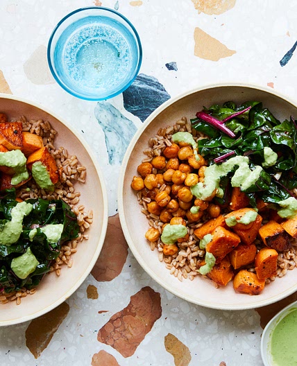 Buddha Bowl with Roasted Sweet Potatoes, Spiced Chickpeas, and Chard