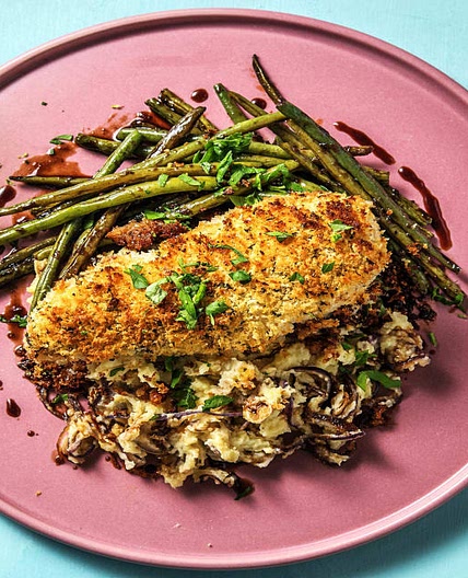 Herby Chicken with Red Onion Mash and Garlicky Green Beans