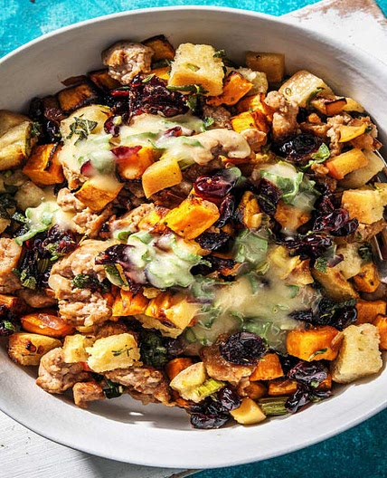 Sausage-Apple Stuffing Bowl with Sage Gravy